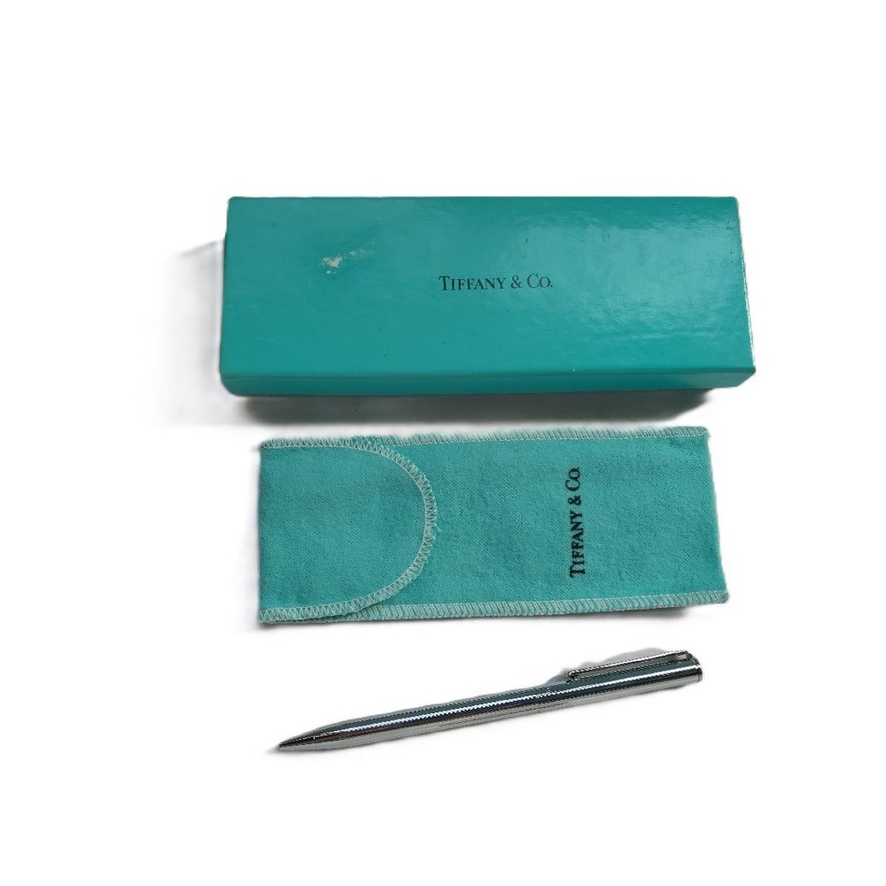 Tiffany & Co Silver Retractable Ballpoint Pen Ribbed T-Clip with Pouch and Box - Picture 2 of 6
